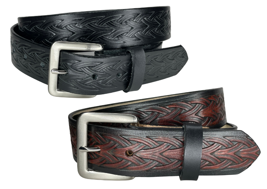 The Boro handmade all leather belt is made from a single strip of Veg-Tan cowhide that is a hand finished Veg-tan that is 9-10 oz., or approx. 1/8" thick.  It has a unique Weave embossed design that is never out of style!  The antique nickel plated solid brass buckle is snapped in place. This belt is made just outside Nashville in Smyrna, TN. Perfect for casual and dress wear, it can be for personal use or for groomsman gifts or other gifts as well.                 