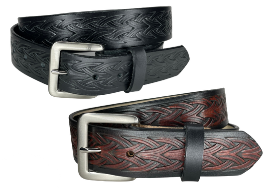 The Boro handmade all leather belt is made from a single strip of Veg-Tan cowhide that is a hand finished Veg-tan that is 9-10 oz., or approx. 1/8" thick.  It has a unique Weave embossed design that is never out of style!  The antique nickel plated solid brass buckle is snapped in place. This belt is made just outside Nashville in Smyrna, TN. Perfect for casual and dress wear, it can be for personal use or for groomsman gifts or other gifts as well.                 
