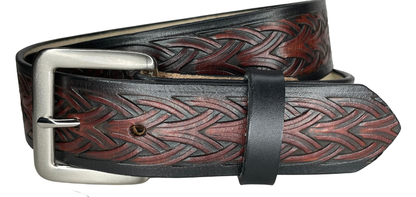 The Boro handmade all leather belt is made from a single strip of Veg-Tan cowhide that is a hand finished Veg-tan that is 9-10 oz., or approx. 1/8" thick.  It has a unique Weave embossed design that is never out of style!  The antique nickel plated solid brass buckle is snapped in place. This belt is made just outside Nashville in Smyrna, TN. Perfect for casual and dress wear, it can be for personal use or for groomsman gifts or other gifts as well.                 