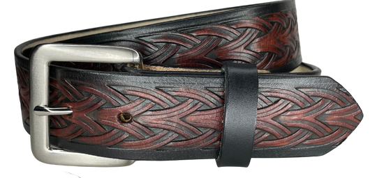 The Boro handmade all leather belt is made from a single strip of Veg-Tan cowhide that is a hand finished Veg-tan that is 9-10 oz., or approx. 1/8" thick.  It has a unique Weave embossed design that is never out of style!  The antique nickel plated solid brass buckle is snapped in place. This belt is made just outside Nashville in Smyrna, TN. Perfect for casual and dress wear, it can be for personal use or for groomsman gifts or other gifts as well.                 