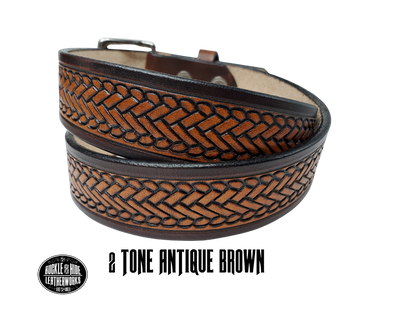 The West End handmade all leather belt is made from a single strip of Veg-Tan cowhide that is a hand finished Veg-tan that is 9-10 oz., or approx. 1/8" thick.   width 1 1/2".  It has an embossed design that is never out of style!  The antique nickel plated solid brass buckle is snapped in place. This belt is made just outside Nashville in Smyrna, TN. Perfect for casual and dress wear, it can be for personal use or for groomsman gifts or other gifts as well. 