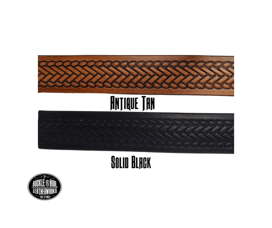 The West End handmade all leather belt is made from a single strip of Veg-Tan cowhide that is a hand finished Veg-tan that is 9-10 oz., or approx. 1/8" thick.  width 1 1/2".  It has an embossed design that is never out of style!  The antique nickel plated solid brass buckle is snapped in place. This belt is made just outside Nashville in Smyrna, TN. Perfect for casual and dress wear, it can be for personal use or for groomsman gifts or other gifts as well. 