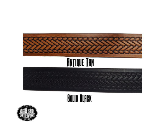 The West End handmade all leather belt is made from a single strip of Veg-Tan cowhide that is a hand finished Veg-tan that is 9-10 oz., or approx. 1/8" thick.  width 1 1/2".  It has an embossed design that is never out of style!  The antique nickel plated solid brass buckle is snapped in place. This belt is made just outside Nashville in Smyrna, TN. Perfect for casual and dress wear, it can be for personal use or for groomsman gifts or other gifts as well. 