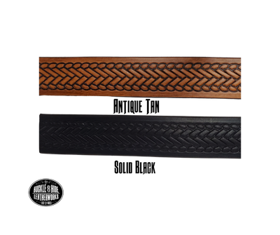 The West End handmade all leather belt is made from a single strip of Veg-Tan cowhide that is a hand finished Veg-tan that is 9-10 oz., or approx. 1/8" thick.  width 1 1/2".  It has an embossed design that is never out of style!  The antique nickel plated solid brass buckle is snapped in place. This belt is made just outside Nashville in Smyrna, TN. Perfect for casual and dress wear, it can be for personal use or for groomsman gifts or other gifts as well. 