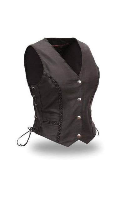 Ladies black soft cowhide leather vest with v-neck and snap front closure. It has solid sides and 2 outside front pockets. It has multi paneled back with braid accents and side laces.  Available for purchase in our shop in Smyrna, TN, just outside Nashville.  Available in sizes XS-5X.