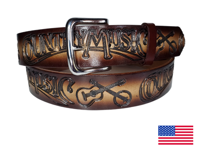 This USA made veg-tan leather belt is approx. 1/8" thick, 1 1/2"width with no fillers to split or rip apart. The belt features Guitar, Banjos with COUNTRY MUSIC embossed around the entire belt. The color has a Dark Brown edge faded into a Natural colored center. The leather is comfortable from day one   Buckle is snapped on for easy buckle change. Colors may vary do to the manufacturing process. We don't make this belt but it's Buckle and Hide approved and still made in the USA. 