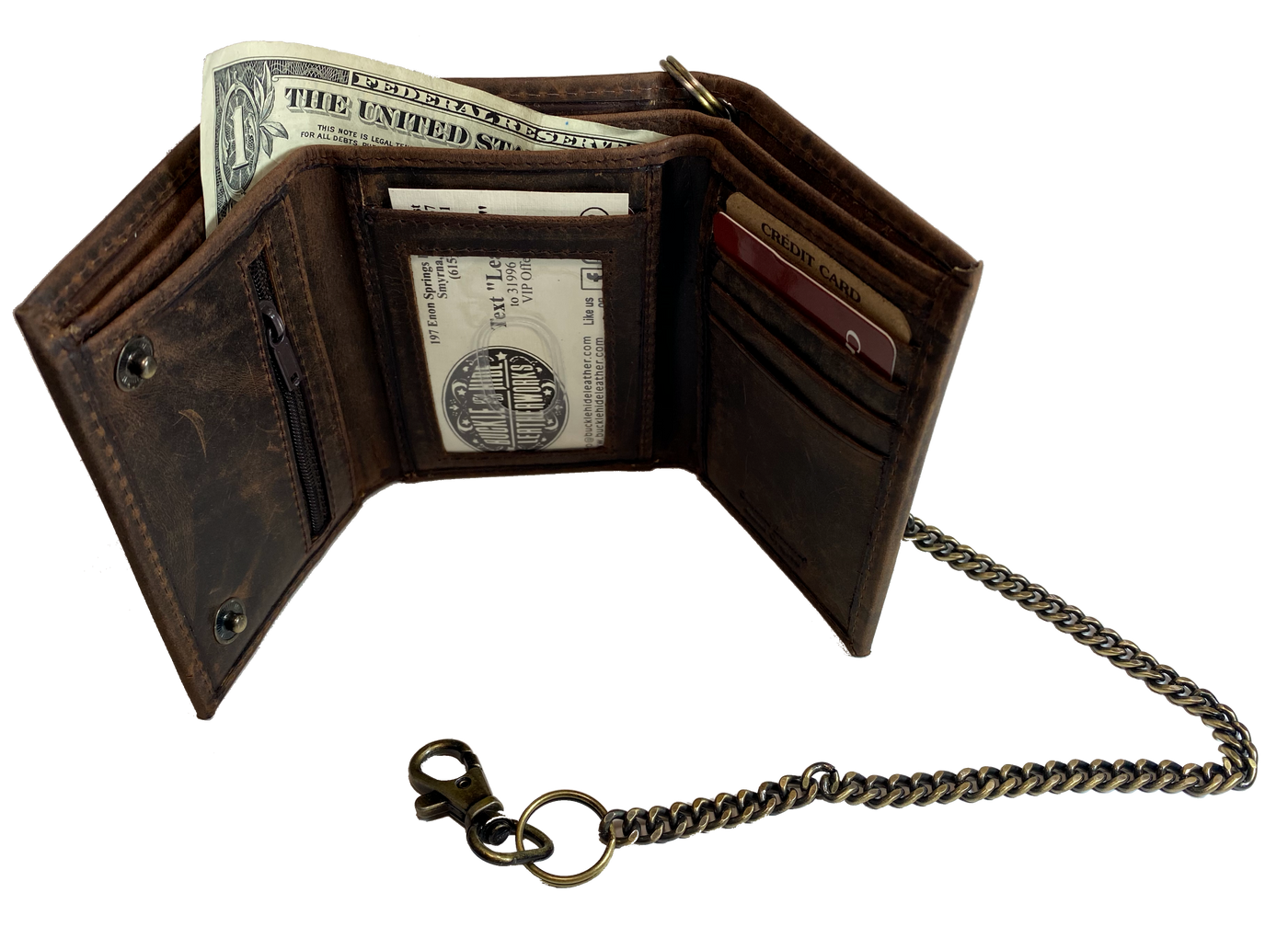 Popular Distressed brown Tri-fold Chain Wallet. 2 cash slots, 4 card slots, I.D. slot, zippered pocket for all your stash. Will darken with a nice patina with use. It's imported but it's Buckle and Hide approved. standard tri-fold size. inside view