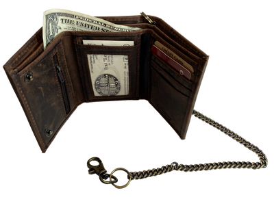 Popular Distressed brown Tri-fold Chain Wallet. 2 cash slots, 4 card slots, I.D. slot, zippered pocket for all your stash. Will darken with a nice patina with use. It's imported but it's Buckle and Hide approved. standard tri-fold size. inside view