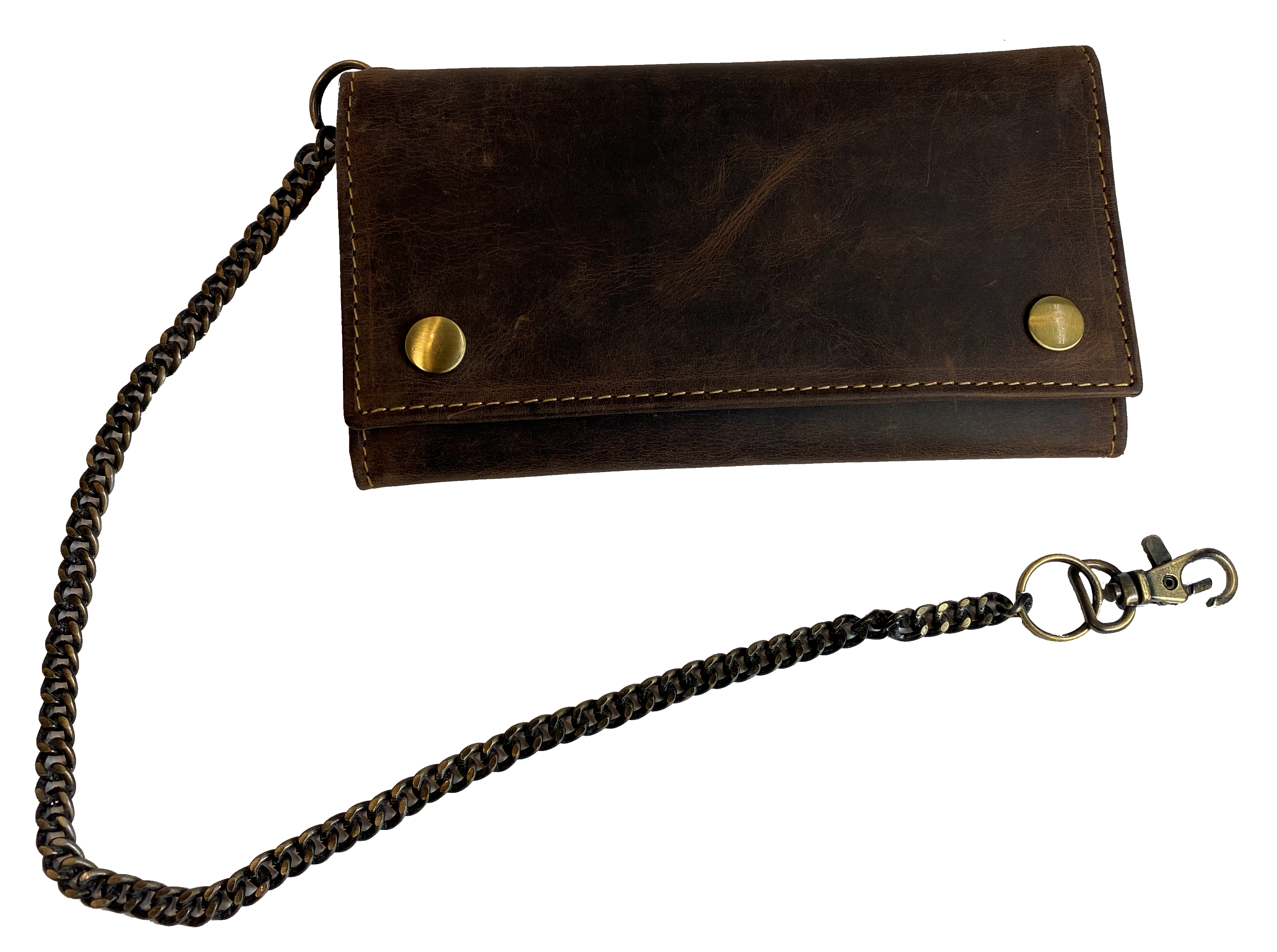 Popular Distressed brown Long Style RFID Secure Tri-fold Chain Wallet. 2 underneath cash slots, 14 card slots, I.D. slot, zippered pocket for all your important stash. Will darken with a nice patina with use. It's imported but it's Buckle and Hide approved. Standard long tri-fold size. Size is 6 3/4" x 3 3/4" when snapped closed. Fully open is 10 1/2" x 6 3/4".