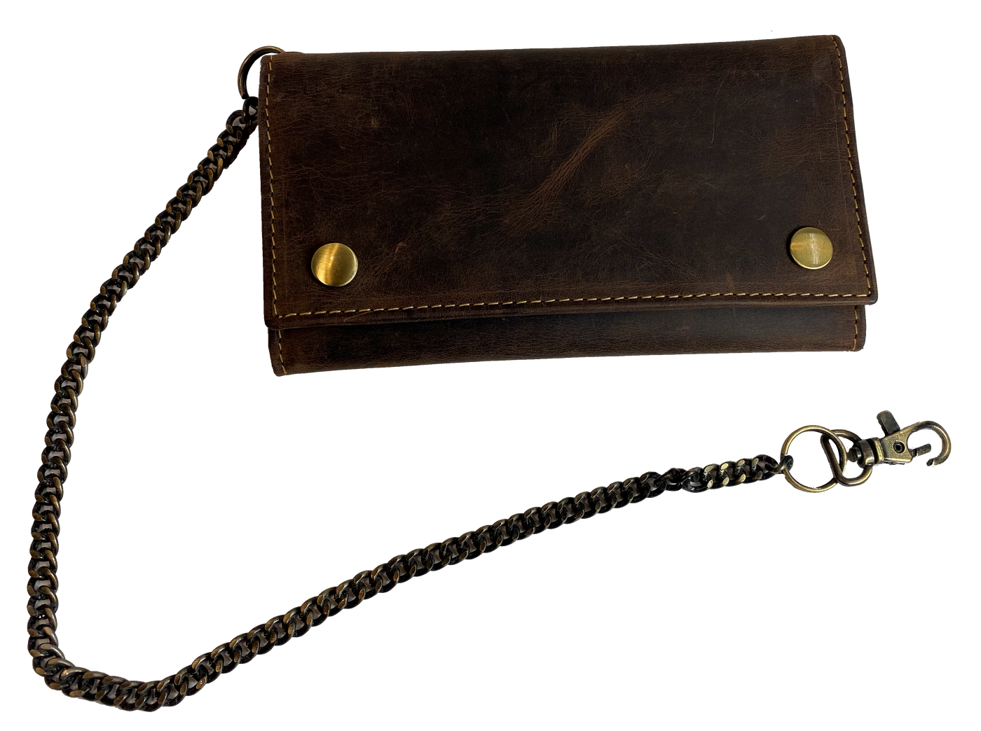 Popular Distressed brown Long Style RFID Secure Tri-fold Chain Wallet. 2 underneath cash slots, 14 card slots, I.D. slot, zippered pocket for all your important stash. Will darken with a nice patina with use. It's imported but it's Buckle and Hide approved. Standard long tri-fold size. Size is 6 3/4" x 3 3/4" when snapped closed. Fully open is 10 1/2" x 6 3/4".