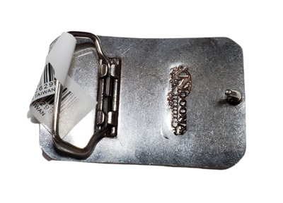 Rectangular antique silver colored belt buckle with Western scrolled design and a Bronc Rider Motif, size approx. 3" wide by 2 1/2" tall. Available online and at our shop just outside Nashville in Smyrna, TN. Imported