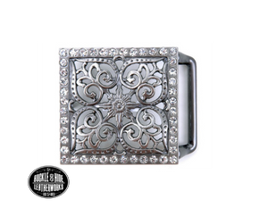 The Garcia Rhinestone Belt Buckle-A Filigreed Floral design in Antique Nickel with Blingy Rhinestones added around the border. Looks great on plain 1 1/2" Black or Brown belt. A easy to wear square shape that's not too big, it's just right. Dimension(Length X Width): 3 3/4" X 2", Imported