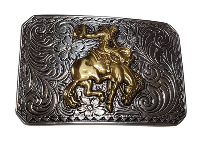 Rectangular antique silver colored belt buckle with Western scrolled design and a Bronc Rider Motif, size approx. 3" wide by 2 1/2" tall. Available online and at our shop just outside Nashville in Smyrna, TN. Imported