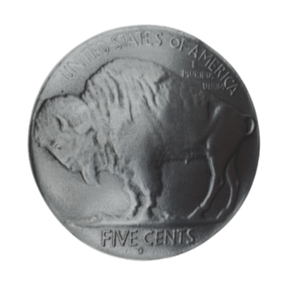The classic and very popular Buffalo nickel is a five-cent piece that was struck by the United States Mint from 1913 to 1938. It was designed by sculptor James Earle Fraser. D, S. Centered under "FIVE CENTS" on the reverse on round shaped buckle. This pewter belt buckle that may be attached to your belt.  Fits 1 1/2" belts, Size 3-1/2" x 2-3/4. Available in our shop just outside Nashville in Smyrna, TN.