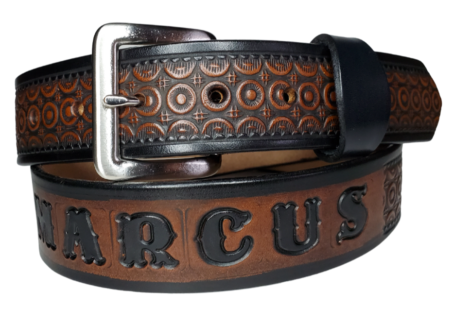 "The Bullock" is a handmade real leather belt made from a single strip of cowhide shoulder leather that is 8-10 oz. or approx. 1/8" thick. It has hand burnished (smoothed) edges and a Western Circle pattern. This belt is completely HAND dyed with a multi step finishing technic. The antique nickel plated solid brass buckle is snapped in place with heavy snaps.  This belt is made just outside Nashville in Smyrna, TN.