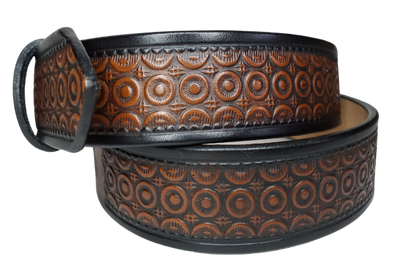 "The Bullock" is a handmade real leather belt made from a single strip of cowhide shoulder leather that is 8-10 oz. or approx. 1/8" thick. It has hand burnished (smoothed) edges and a Western Circle pattern. This belt is completely HAND dyed with a multi step finishing technic. The antique nickel plated solid brass buckle is snapped in place with heavy snaps.  This belt is made just outside Nashville in Smyrna, TN.