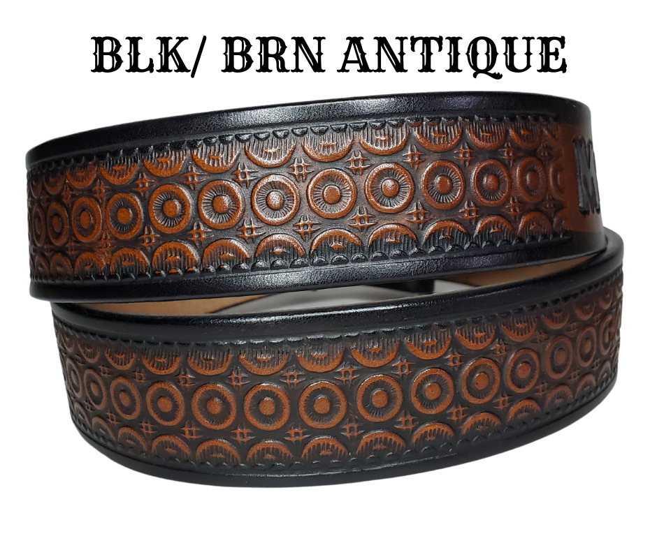 "The Bullock" is a handmade real leather belt made from a single strip of cowhide shoulder leather that is 8-10 oz. or approx. 1/8" thick. It has hand burnished (smoothed) edges and a Western Circle pattern. This belt is completely HAND dyed with a multi step finishing technic. The antique nickel plated solid brass buckle is snapped in place with heavy snaps.  This belt is made just outside Nashville in Smyrna, TN.