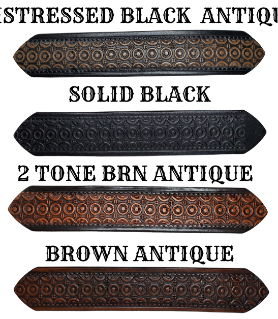 "The Bullock" is a handmade real leather belt made from a single strip of cowhide shoulder leather that is 8-10 oz. or approx. 1/8" thick. It has hand burnished (smoothed) edges and a Western Circle pattern. This belt is completely HAND dyed with a multi step finishing technic. The antique nickel plated solid brass buckle is snapped in place with heavy snaps.  This belt is made just outside Nashville in Smyrna, TN.