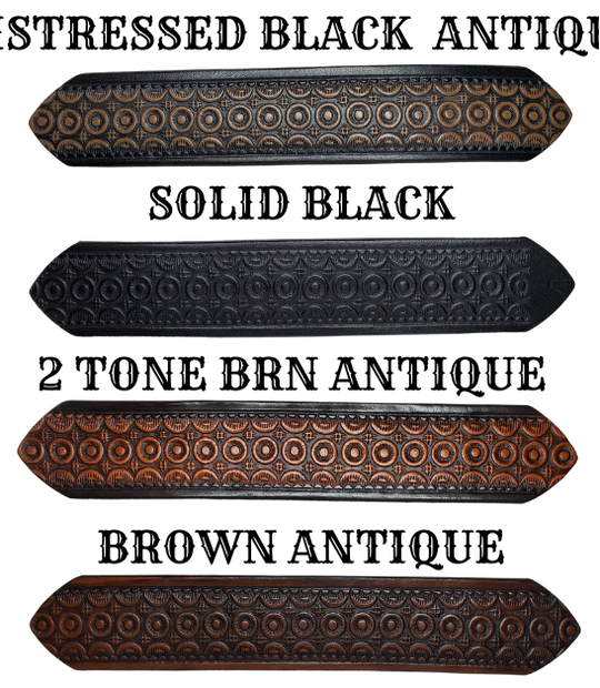 "The Bullock" is a handmade real leather belt made from a single strip of cowhide shoulder leather that is 8-10 oz. or approx. 1/8" thick. It has hand burnished (smoothed) edges and a Western Circle pattern. This belt is completely HAND dyed with a multi step finishing technic. The antique nickel plated solid brass buckle is snapped in place with heavy snaps.  This belt is made just outside Nashville in Smyrna, TN.