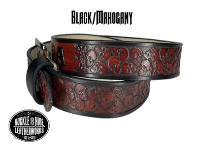 "The Forsaken" is a handmade real leather belt made from a single strip of cowhide shoulder leather that is 8-10 oz. or approx. 1/8" thick. It has hand burnished (smoothed) edges and the Serpent pattern embossed on the surface. The antique nickel plated solid brass buckle is snapped in place with heavy snaps.  This belt is made just outside Nashville in Smyrna, TN. Belt width is 1 1/2". side view
