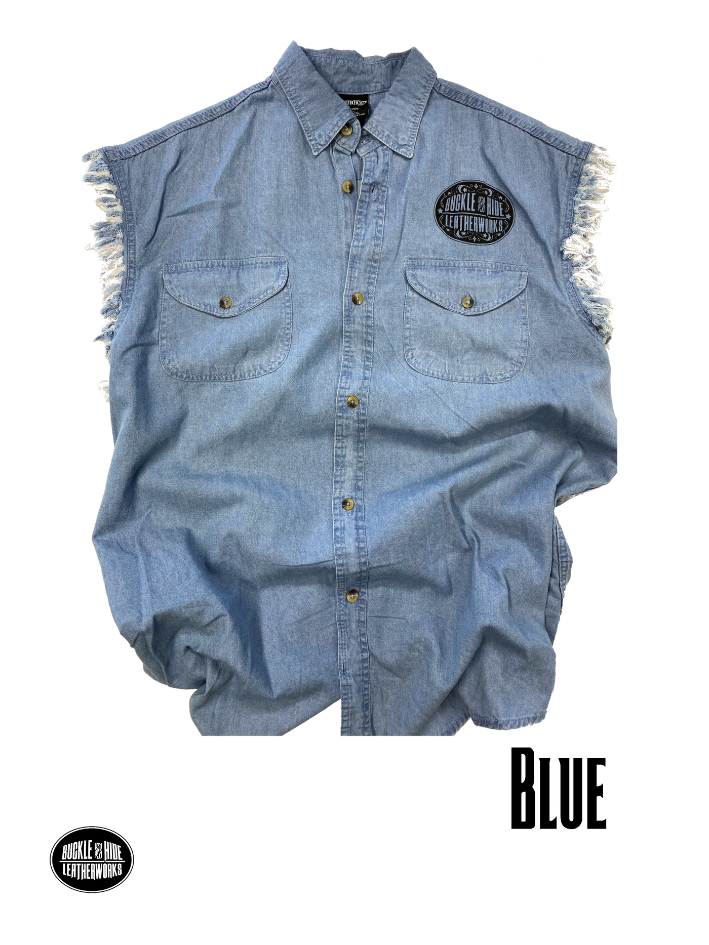 Classic Sleeveless denim shirt with Buckle and Hide oval logo on the front above the left breast pocket and skull and wings graphic on the back. All Cotton with 2 pockets on the front for your personal stuff. We have a very limited amount of these left. Only sizes Shown are currently available. Available in our shop just outside Nashville in Smyrna, TN.