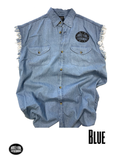 Classic Sleeveless denim shirt with Buckle and Hide oval logo on the front above the left breast pocket and skull and wings graphic on the back. All Cotton with 2 pockets on the front for your personal stuff. We have a very limited amount of these left. Only sizes Shown are currently available. Available in our shop just outside Nashville in Smyrna, TN.