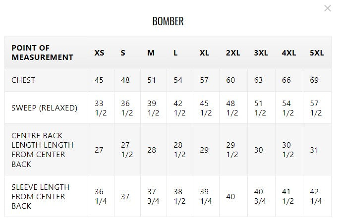 Bomber Jacket by Whet Blu Size Chart