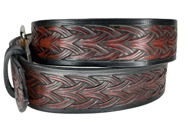 The Boro handmade all leather belt is made from a single strip of Veg-Tan cowhide that is a hand finished Veg-tan that is 9-10 oz., or approx. 1/8" thick.  It has a unique Weave embossed design that is never out of style!  The antique nickel plated solid brass buckle is snapped in place. This belt is made just outside Nashville in Smyrna, TN. Perfect for casual and dress wear, it can be for personal use or for groomsman gifts or other gifts as well.                 