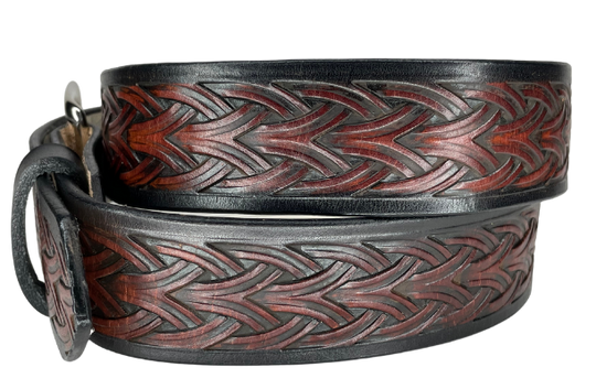 The Boro handmade all leather belt is made from a single strip of Veg-Tan cowhide that is a hand finished Veg-tan that is 9-10 oz., or approx. 1/8" thick.  It has a unique Weave embossed design that is never out of style!  The antique nickel plated solid brass buckle is snapped in place. This belt is made just outside Nashville in Smyrna, TN. Perfect for casual and dress wear, it can be for personal use or for groomsman gifts or other gifts as well.                 