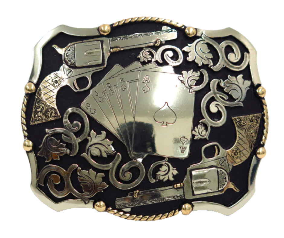 The Card Shark buckle features a Dead Man's Hand accented by Western scroll work and Peacemakers. Augus buckles are made from German Silver (nickel and brass alloy) or iron metal base. Some buckles have motifs made of copper, iron or brass. Each piece is punched, cut, soldered, engraved, polished and painted by our talented metal workers. Available at our Smyrna, TN location.