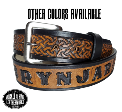 "The Magnus" is a handmade real leather belt made from a single strip of cowhide shoulder leather that is 8-10 oz. or approx. 1/8" thick. It has hand burnished (smoothed) edges and the Classic knotted Celtic pattern. This belt is completely HAND dyed with a multi step finishing technic. The antique nickel plated solid brass buckle is snapped in place with heavy snaps.  This belt is made just outside Nashville in Smyrna, TN.