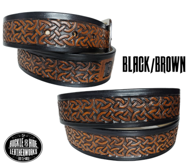 "The Magnus" is a handmade real leather belt made from a single strip of cowhide shoulder leather that is 8-10 oz. or approx. 1/8" thick. It has hand burnished (smoothed) edges and the Classic knotted Celtic pattern. This belt is completely HAND dyed with a multi step finishing technic. The antique nickel plated solid brass buckle is snapped in place with heavy snaps.  This belt is made just outside Nashville in Smyrna, TN.