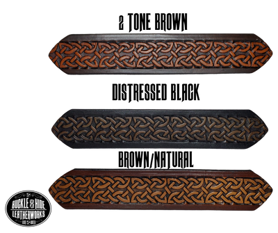 "The Magnus" is a handmade real leather belt made from a single strip of cowhide shoulder leather that is 8-10 oz. or approx. 1/8" thick. It has hand burnished (smoothed) edges and the Classic knotted Celtic pattern. This belt is completely HAND dyed with a multi step finishing technic. The antique nickel plated solid brass buckle is snapped in place with heavy snaps.  This belt is made just outside Nashville in Smyrna, TN.