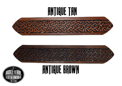 "The Magnus" is a handmade real leather belt made from a single strip of cowhide shoulder leather that is 8-10 oz. or approx. 1/8" thick. It has hand burnished (smoothed) edges and the Classic knotted Celtic pattern. This belt is completely HAND dyed with a multi step finishing technic. The antique nickel plated solid brass buckle is snapped in place with heavy snaps.  This belt is made just outside Nashville in Smyrna, TN.