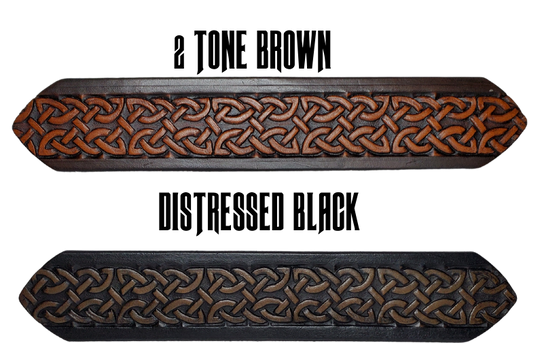 "The Magnus" is a handmade real leather belt made from a single strip of cowhide shoulder leather that is 8-10 oz. or approx. 1/8" thick. It has hand burnished (smoothed) edges and the Classic knotted Celtic pattern. This belt is completely HAND dyed with a multi step finishing technic. The antique nickel plated solid brass buckle is snapped in place with heavy snaps.  This belt is made just outside Nashville in Smyrna, TN.