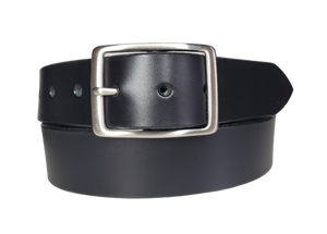 This Solid Black leather belt is made from Drum dyed cowhide that is long lasting but still nice enough for a night out. .The edges are beveled and painted for a finished look. It has an antique nickel coated solid brass buckle that is snapped in place. Belt is 1 1/2" wide and available in lengths from 32" to 44".  It is handmade in our shop in Smyrna, TN, just outside of Nashville.