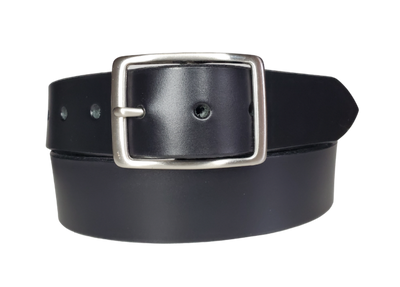 This Solid Black leather belt is made from Drum dyed cowhide that is long lasting but still nice enough for a night out. .The edges are beveled and painted for a finished look. It has an antique nickel coated solid brass buckle that is snapped in place. Belt is 1 1/2" wide and available in lengths from 32" to 44".  It is handmade in our shop in Smyrna, TN, just outside of Nashville.
