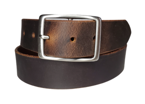 This rustic leather belt is made from Crazy Horse tanned leather for that distressed and used look. The edges are beveled and burnished left the natural color for a contrasting appearance. It has an antique nickel plated Center Bar style buckle that is snapped in place, so you  can change it if you want for a totally different look. Belt is 1 1/2" wide and available in lengths from 34" to 44".  It is handmade in our shop in Smyrna, TN, just outside of Nashville.