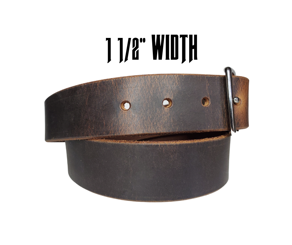This rustic leather belt is made from Crazy Horse tanned leather for that distressed and used look. The edges are beveled and burnished left the natural color for a contrasting appearance. It has an antique nickel plated Center Bar style buckle that is snapped in place, so you  can change it if you want for a totally different look. Belt is 1 1/2" wide and available in lengths from 34" to 44".  It is handmade in our shop in Smyrna, TN, just outside of Nashville.