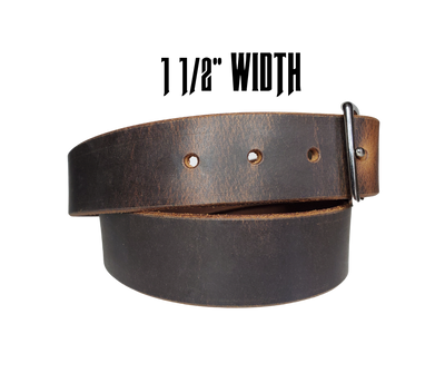 This rustic leather belt is made from Crazy Horse tanned leather for that distressed and used look. The edges are beveled and burnished left the natural color for a contrasting appearance. It has an antique nickel plated Center Bar style buckle that is snapped in place, so you  can change it if you want for a totally different look. Belt is 1 1/2" wide and available in lengths from 34" to 44".  It is handmade in our shop in Smyrna, TN, just outside of Nashville.
