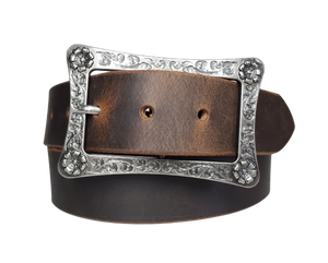 This rustic leather belt is made from Crazy Horse tanned leather for that distressed and used look. The edges are beveled and burnished leaving the natural color for a contrasting appearance. It has a Center Bar style buckle with a Western influenced scroll pattern. Buckle is antique nickel plated and snaps in place, for an easy buckle change giving it a totally different look. Belt is 1 1/2" wide and available in lengths from 32" to 44".  It is handmade in our shop in Smyrna, TN, just outside of Nashville.