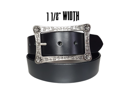 This Solid Black leather belt is made from Drum dyed cowhide that is long lasting but still nice enough for a night out. .The edges are beveled and painted for a finished look. It has an Western influenced scroll pattern with a antique nickel plated buckle that is snapped in place. Belt is 1 1/2" wide and available in lengths from 32" to 44".  It is handmade in our shop in Smyrna, TN, just outside of Nashville.