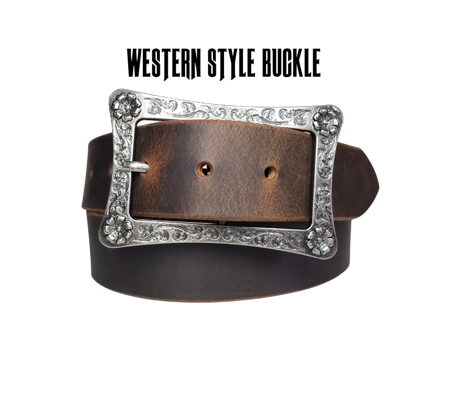 This rustic leather belt is made from Crazy Horse tanned leather for that distressed and used look. The edges are beveled and burnished leaving the natural color for a contrasting appearance. It has a Center Bar style buckle with a Western influenced scroll pattern. Buckle is antique nickel plated and snaps in place, for an easy buckle change giving it a totally different look. Belt is 1 1/2" wide and available in lengths from 32" to 44".  It is handmade in our shop in Smyrna, TN, just outside of Nashville.