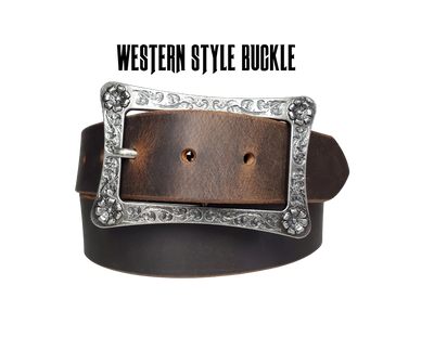 This rustic leather belt is made from Crazy Horse tanned leather for that distressed and used look. The edges are beveled and burnished leaving the natural color for a contrasting appearance. It has a Center Bar style buckle with a Western influenced scroll pattern. Buckle is antique nickel plated and snaps in place, for an easy buckle change giving it a totally different look. Belt is 1 1/2" wide and available in lengths from 32" to 44".  It is handmade in our shop in Smyrna, TN, just outside of Nashville.