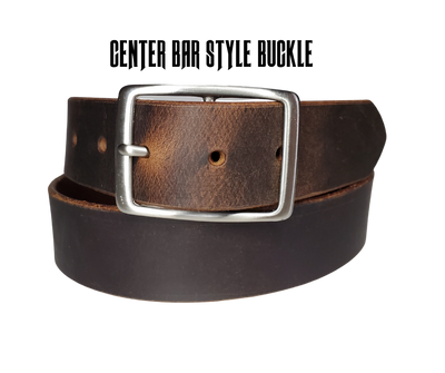 This rustic leather belt is made from Crazy Horse tanned leather for that distressed and used look. The edges are beveled and burnished left the natural color for a contrasting appearance. It has an antique nickel plated Center Bar style buckle that is snapped in place, so you  can change it if you want for a totally different look. Belt is 1 1/2" wide and available in lengths from 34" to 44".  It is handmade in our shop in Smyrna, TN, just outside of Nashville.