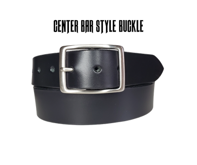 This Solid Black leather belt is made from Drum dyed cowhide that is long lasting but still nice enough for a night out. .The edges are beveled and painted for a finished look. It has an antique nickel coated solid brass buckle that is snapped in place. Belt is 1 1/2" wide and available in lengths from 32" to 44".  It is handmade in our shop in Smyrna, TN, just outside of Nashville.