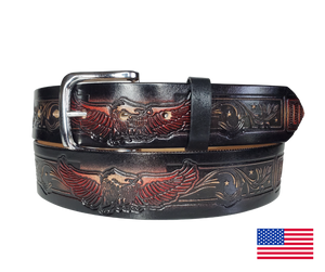 This USA made veg-tan leather belt is approx. 1/8" thick, 1 1/2"width with no fillers to split or rip apart. The belt features Eagles with block style LIVE TO RIDE pattern around the entire belt in black and red. The leather is comfortable from day one   Buckle is snapped on for easy buckle change. Colors may vary do to the manufacturing process. We don't make this belt but it's Buckle and Hide approved and still made in the USA. There is not a NAME option on this belt.