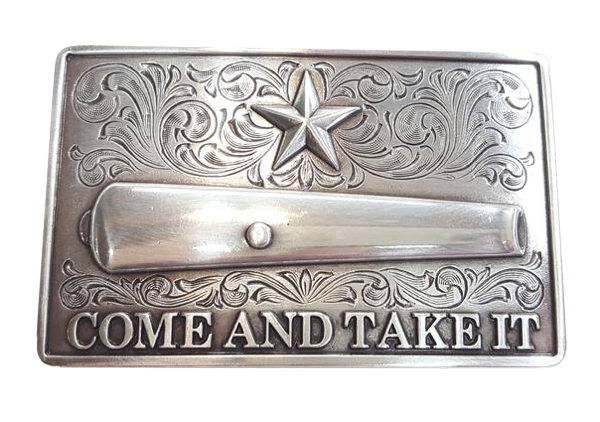 Nocona men's buckle features a smooth edge Rectangle shape with western scroll and star at the top and a cannon with the words "come and take it" on the bottom. Measures  2 1/8" tall by 3 3/8" wide Available online and in our retail shop in Smyrna, TN, just outside of Nashville