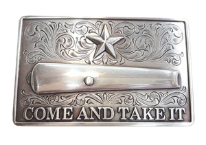 Nocona men's buckle features a smooth edge Rectangle shape with western scroll and star at the top and a cannon with the words "come and take it" on the bottom. Measures  2 1/8" tall by 3 3/8" wide Available online and in our retail shop in Smyrna, TN, just outside of Nashville