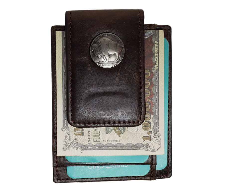 Customizable Brown Leather Pocket Money clip front pocket style wallet. Features a I.D. pocket, and 5 card slots and a Magnetic cash holder. Please CHOOSE your Concho! Compact minimalist design and sold online or in our retail shop in Smyrna, TN, just outside of Nashville. Imported 